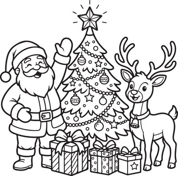 Christmas coloring page for kids. Santa Claus and cute reindeer with decorated Christmas tree and gifts. Vector line art illustration. Holiday activity sheet for children. Black and white outline draw