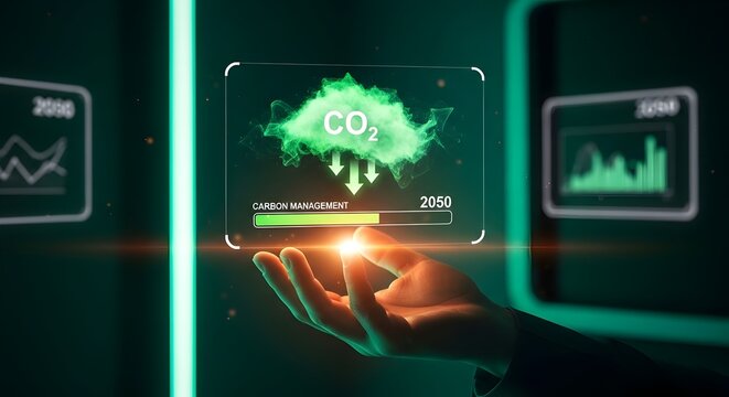 Hand holding futuristic CO2 carbon management interface with 2050 deadline