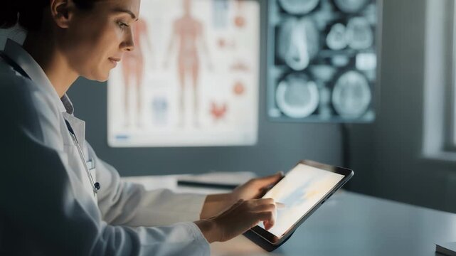 Oncology case manager coordinating care plans via tablet with medical charts in blurred background highlighting personalized highcost treatment coordination.