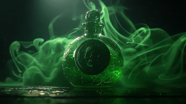 Mysterious Glowing Green Poison Potion Bottle with Skull Symbol Surrounded by Eerie Smoke in Dark Fantasy Setting for Alchemy Concept