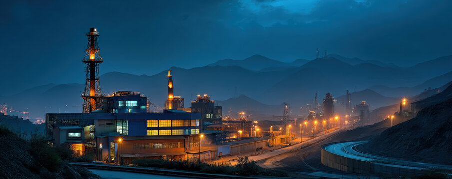 Industrial plant factory refinery night smoke stack city mountain roadway rare earth minerals fuel heavy industry under blue dusk