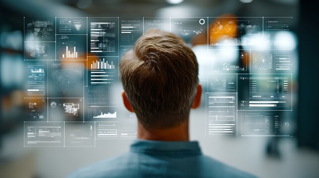 A man looking at a futuristic holographic interface displaying data and analytics. The interface projects glowing charts and graphs, indicating advanced technology and information processing