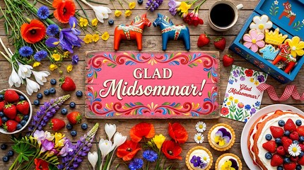Fototapeta premium Glad Midsommar! Colorful Swedish Midsummer Celebration With Flowers, Strawberries and Dala Horses