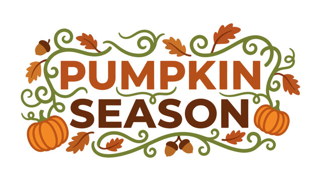 Pumpkin Season Decorative Element: An artistic representation of the autumn season, featuring the words Pumpkin Season encircled by ornate green vines, oak leaves, acorns, and charming pumpkins.