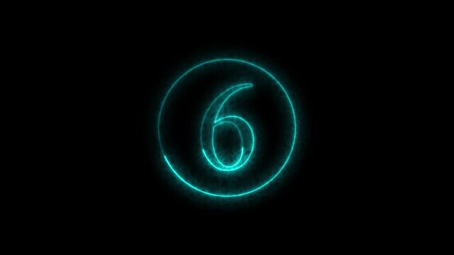 Number six in neon blue circle, animation on black background, abstract number concept, digital countdown timer graphic element, glowing number sign, futuristic design