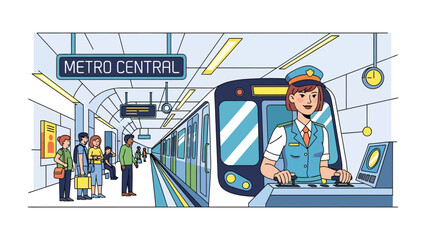 Metro Station Arrival: A smiling female train operator stands by the controls at Metro Central, welcoming passengers to a waiting train on the platform. © abidakhatun