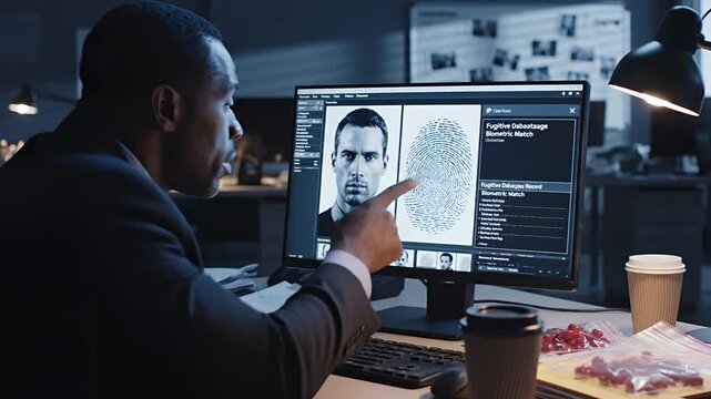 Detective analyzing fingerprint and suspect photo on computer screen.