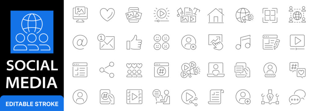 Social media and digital marketing line icon set. Online communication, content sharing, networking and video streaming outline symbols. Editable stroke.