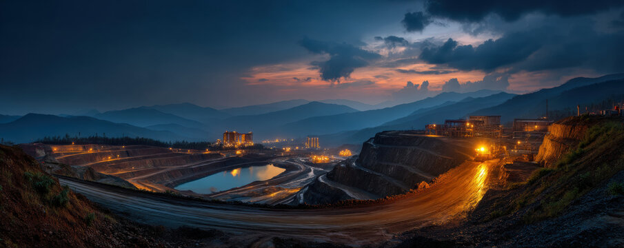 Open pit mine mining landscape rare earth mineral extraction quarry mining road Dramatic dusk view of open pit mine mining landscape with rare