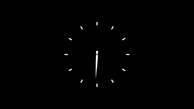 Clock icon showing time movement and real time indicator action. Twelve hours clock run. Hours appear on a black background, 4k video