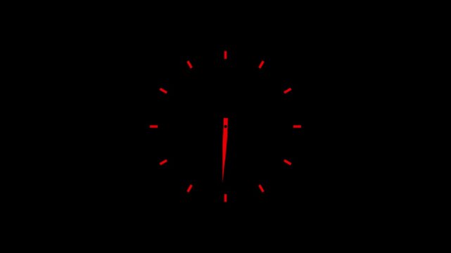 Clock icon showing time movement and real time indicator action. Twelve hours clock run. Hours appear on a black background, 4k video