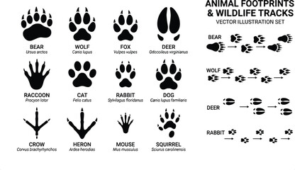 Animal Footprints and Wildlife Tracks Icon Set with Bear Wolf Fox Deer Raccoon Cat Rabbit Dog Crow Heron Mouse Squirrel Silhouettes © sohel