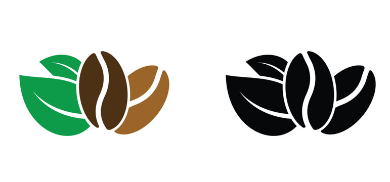 Roasted coffee beans and green leaves. For mug or cup. Coffee percolator. Bean grind, size chart grains. Heart of coffee beans. Two overlapping dark coffee beans. Flouwer, plant and spring time.