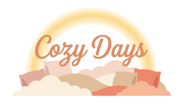 Cozy Days Pillow Mountain: A whimsical illustration depicts a mountain made of soft, inviting pillows under a gentle, sun-kissed rainbow, embodying comfort and relaxation.