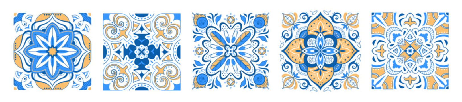 Greek mosaic tile set with abstract geometric and floral patterns in blue and yellow colors on white. Vector realistic illustration of Mediterranean ornamental motifs, Italian ceramic interior artwork