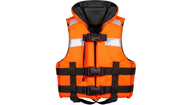 Bright orange life jacket with black straps and reflective strips