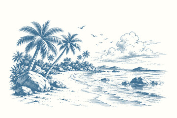 Engraved tropical coastline vector illustration set with detailed beach landscapes, island scenery, palm trees and natural seaside views © Chairul