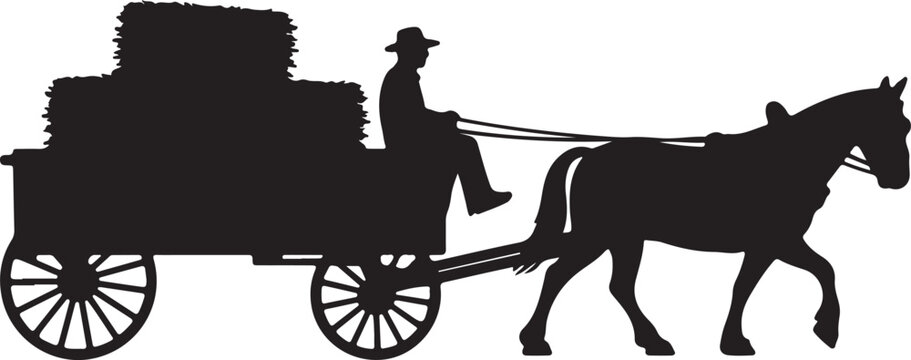 Two horses pulling a vintage stagecoach silhouette, black, cart, coach, draw, horse, horse cart, illustration, profile, pull, ride, wagon, against transparent background