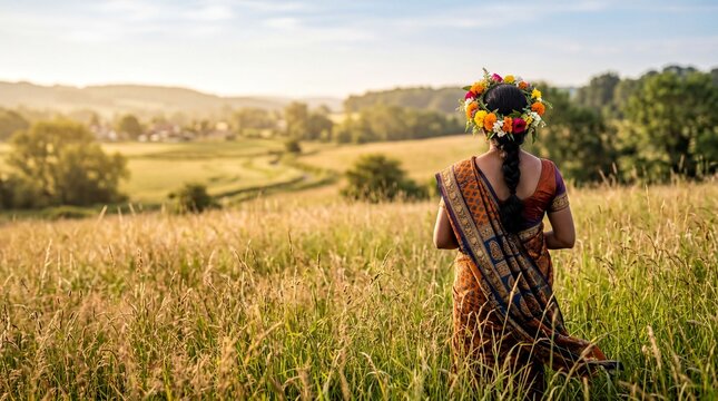 Indian Female Mummer in Floral Crown Standing in Sunny Field for Cultural Travel Banner