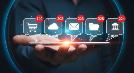 Fototapeta premium Smartphone displaying notification icons for shopping, cloud, mail, files, and bank