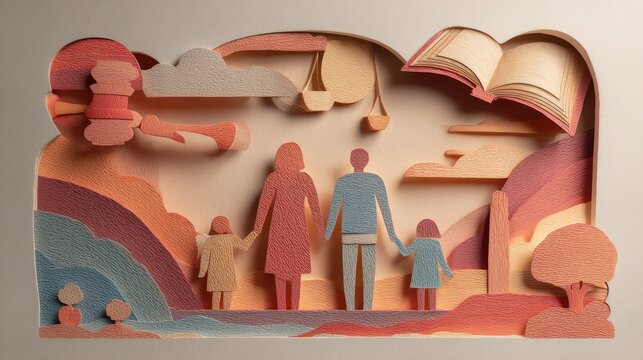 Paper cut family scene with a gavel and law book for family law illustration