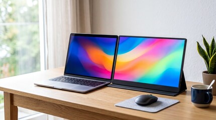 Fototapeta premium Sleek Portable Monitor Next to Laptop on Minimalist Desk for Creative Professional Website Hero