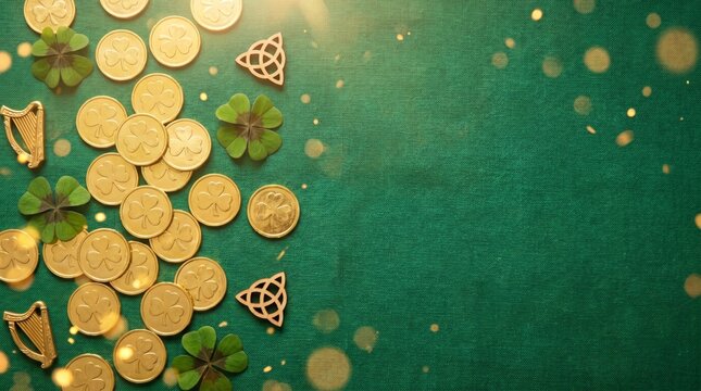 St patrick's day background with gold coins four leaf clovers and shamrocks on green with glitter