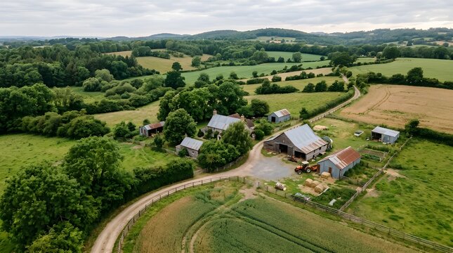 Aerial view of a rural farm with barns and fields