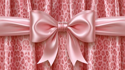 Obraz premium Large soft light pink satin ribbon bow tied on gathered pink leopard print patterned curtain creating elegant feminine luxury decor for modern home interior