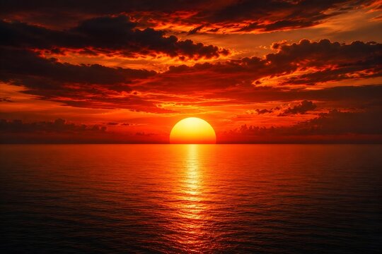 Large glowing sun setting over a calm ocean under a dramatic red sky