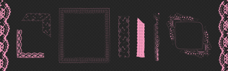 Coquette lace border, pink frame with vintage floral ornament, realistic vector design on transparent background. Decorative corner pattern for wedding cards, invitations, intricate crochet elements