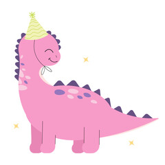 Cute pink dinosaur character wearing a yellow party hat. Flat vector illustration of a happy brontosaurus for baby birthday design isolated on white © Addieami 