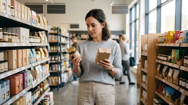 A woman stands in a grocery store looking at two different food items. She holds a jar in one hand and a box in the other hand while comparing the products. Shoppers are visible in the background