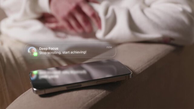 Motivational notification on smartphone screen to stop scrolling horizontal view