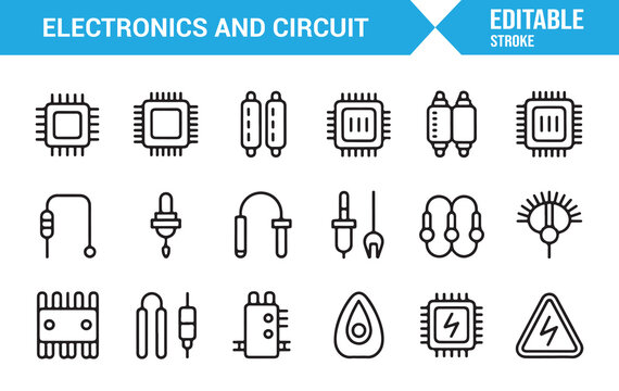Circuit Board Component Icons Collection with Editable Stroke
