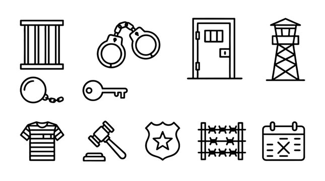 Set of prison outline icons with handcuffs bars and watchtower