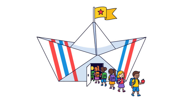 Paper Boat Adventure: Children, with backpacks ready, board a giant paper boat decorated with red and blue stripes, embarking on an imaginative journey.