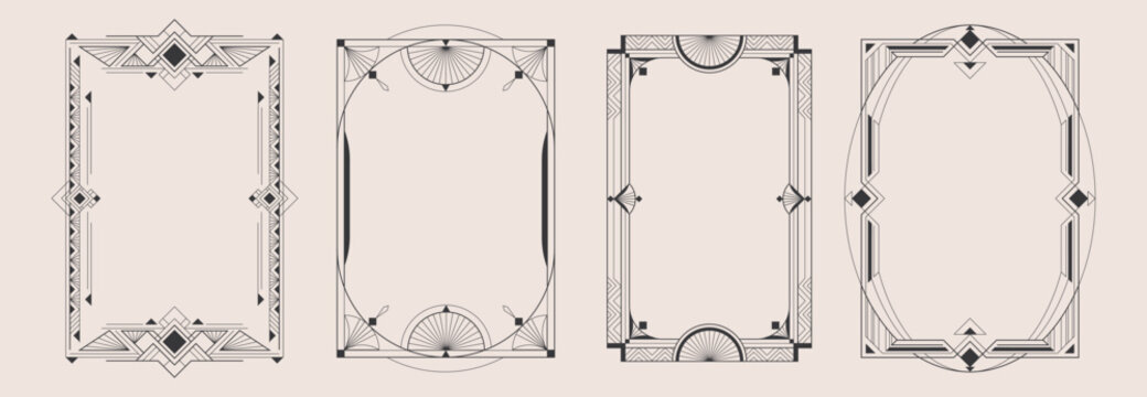 Art deco frames set with geometric black lines and ornament. Vector illustration of elegant vintage borders, design elements for luxury invitations, classic Gatsby style posters, retro book covers