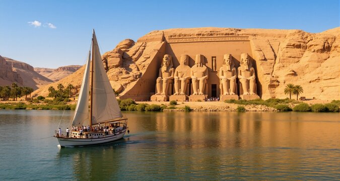 Beautiful Nile scenery with sailboat in the Nile on the way to The Front of the Abu Simbel Temple - Egypt, Africa
