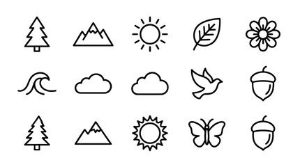 Set of outline nature icons with trees, sun, leaf and mountains © Alan