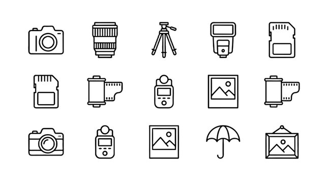 Photography outline icon set with camera lens tripod and film
