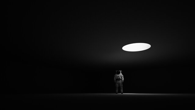 Dramatic Standing Astronaut Spacesuit Space Walk Dark Background Sci Fi Mysterious Spotlight Isolated Figure Glowing Light Portal 3d illustration