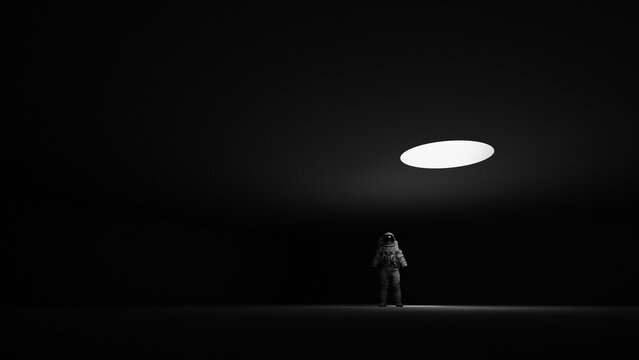 Dramatic Standing Astronaut Spacesuit Dark Background Sci Fi Mysterious Spotlight Isolated Figure Glowing Light Portal 3d illustration