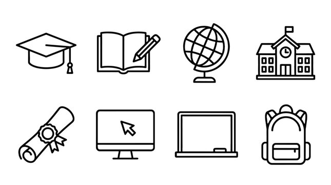 Set of education outline icons with school and study symbols