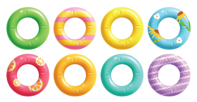 Summer inflatable swim ring clipart set. Colorful summer inflatable pool float ring with various patterns and textures on white background for pool party and tropical holiday concept vector 
