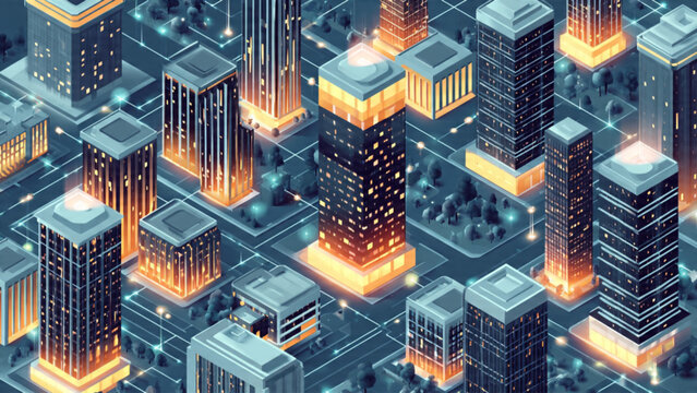 Modern cityscape at night featuring illuminated skyscrapers with glowing windows in vibrant blue and orange tones for urban development visuals