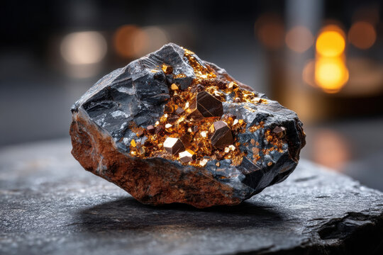 Rare earth minerals rock specimen macro photo with metallic crystal on dark stone surface bokeh light background for geology mining concept
