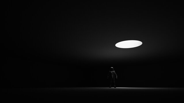 Dramatic Standing Astronaut Spacesuit Dark Background Sci Fi Mysterious Spotlight Isolated Figure Glowing Light Portal 3d illustration
