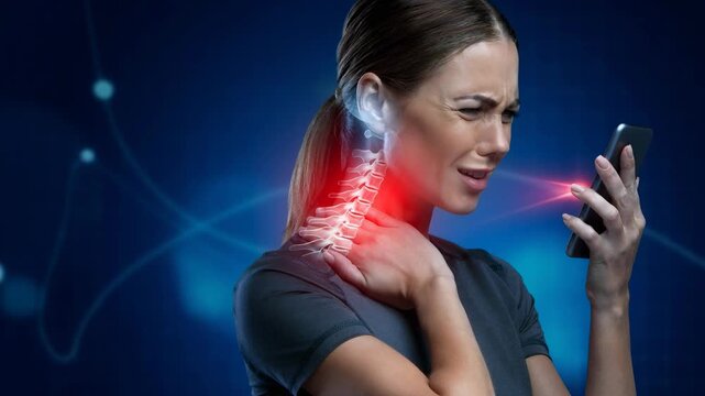 Woman experiencing neck pain using smartphone illustrating mobile device health impact