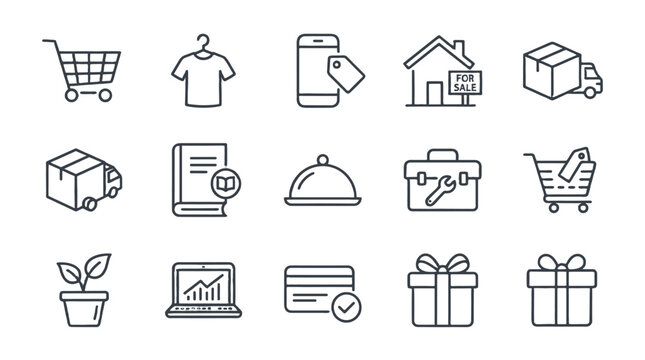 Outline marketplace category icons set with shopping and delivery